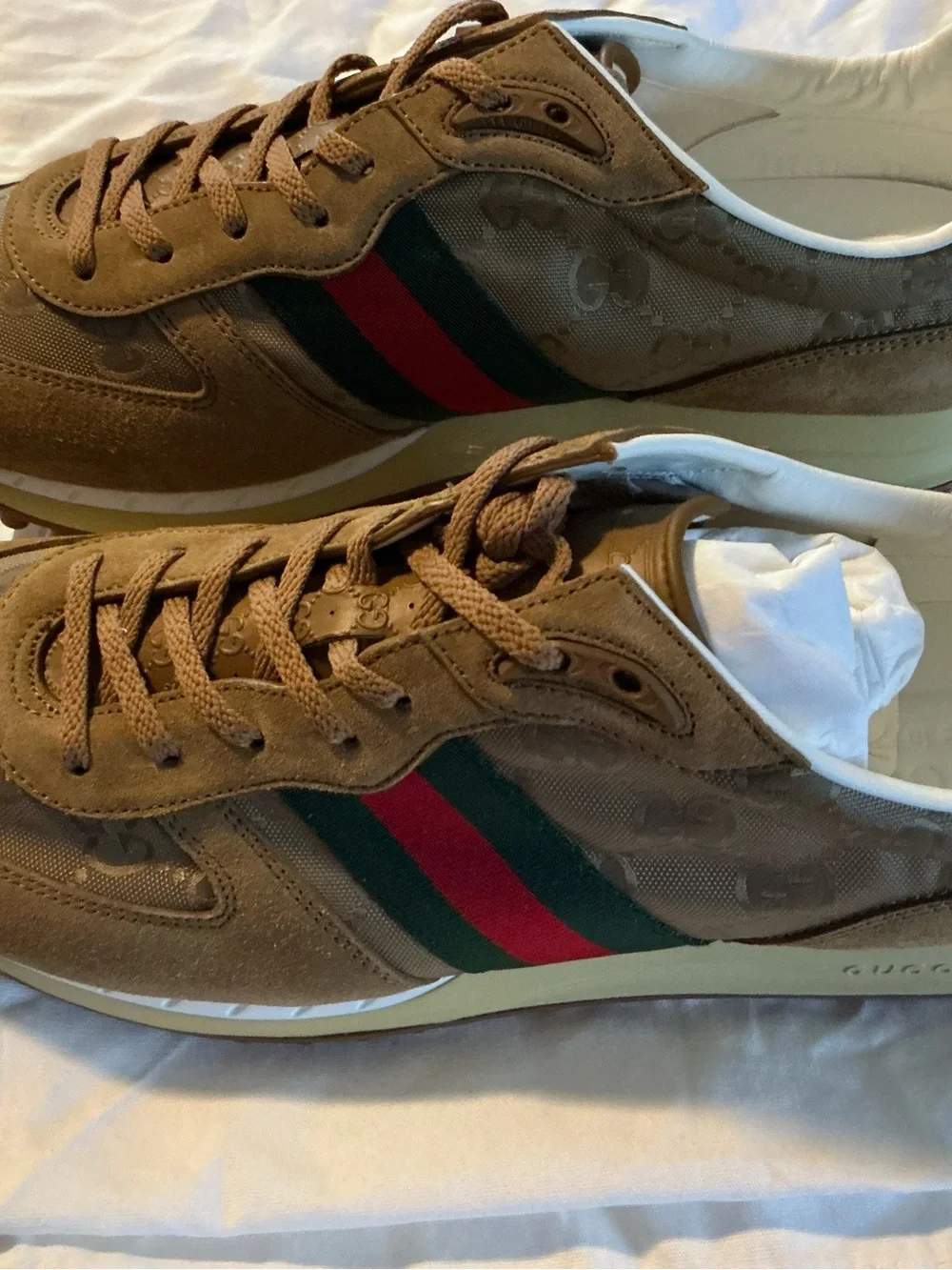 Gucci Beige Monogram Sneakers with Green & Red Web Stripe